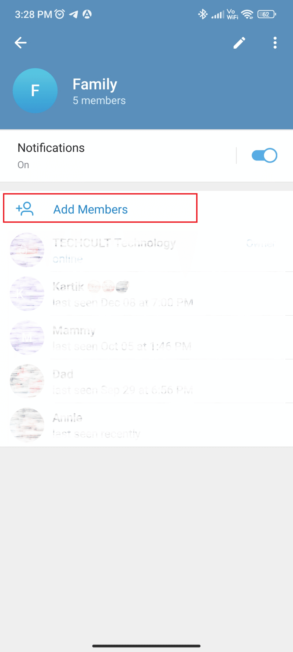 Toque em Adicionar membros. Como adicionar membros no grupo do Telegram