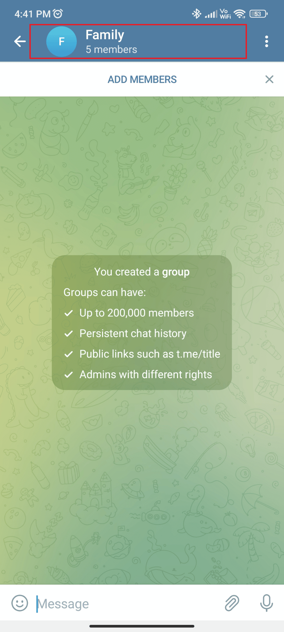 Toque no nome do grupo. Como adicionar membros no grupo do Telegram