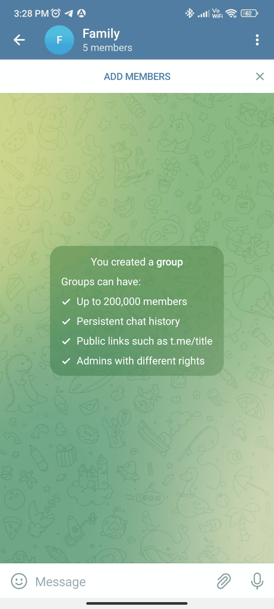 Toque no grupo para abri-lo. Como adicionar membros no grupo do Telegram