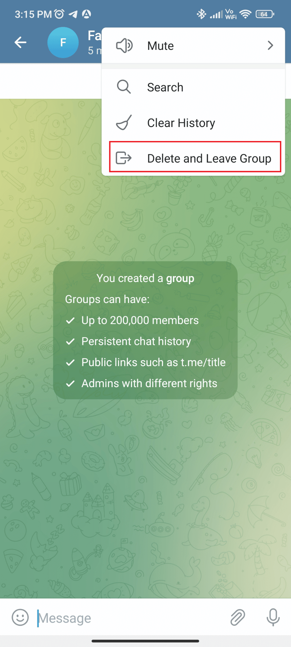 Toque em Excluir e sair do grupo. Como adicionar membros no grupo do Telegram