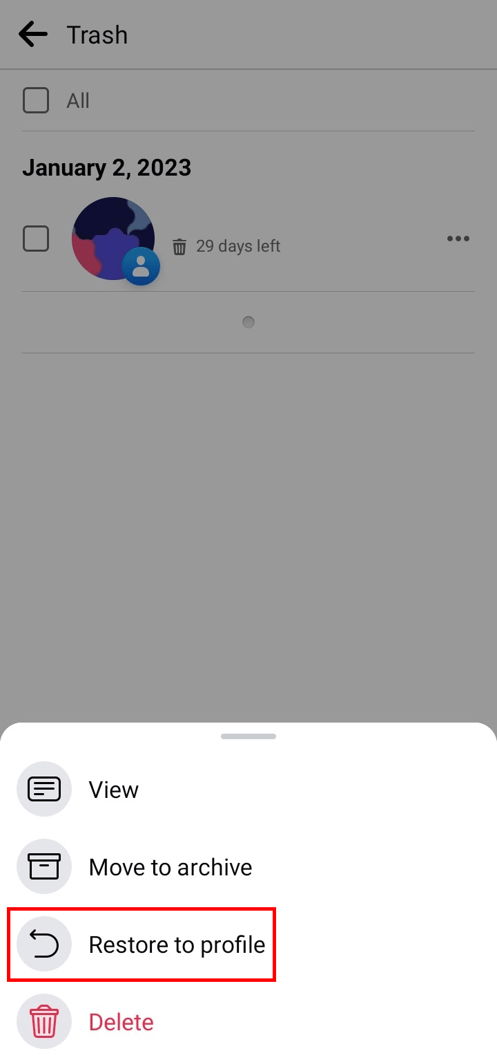 Stuknij opcję Przywróć do profilu w oknie dialogowym wyświetlonym na dole. | zobaczyć czyjeś usunięte komentarze na Facebooku