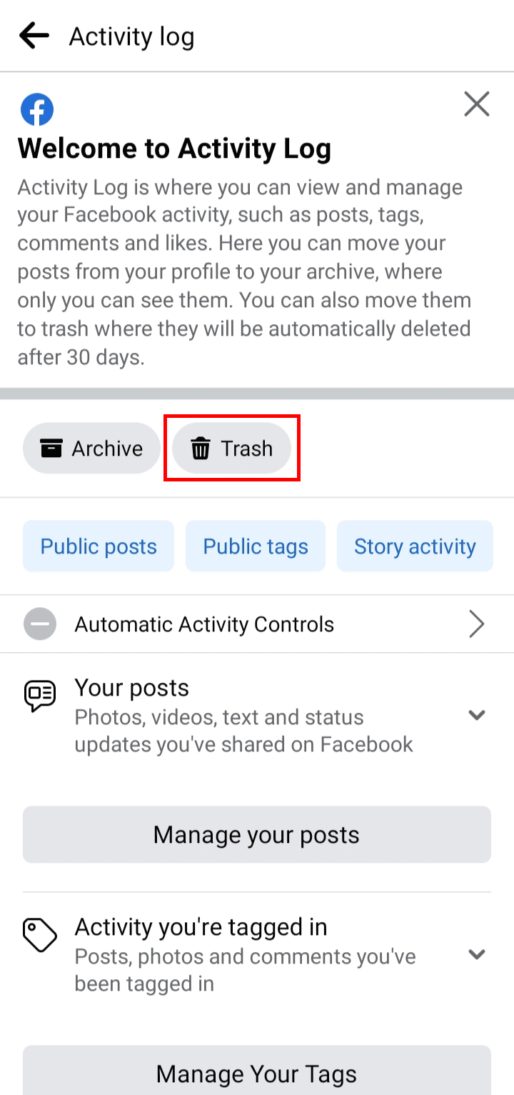 Ketuk opsi Sampah untuk melihat kiriman sampah. | Cara Melihat Komentar Seseorang yang Dihapus di Facebook