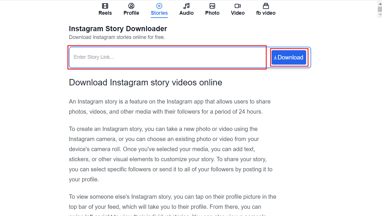 Fügen Sie den Story-Link in das URL-Feld ein und klicken Sie auf Herunterladen