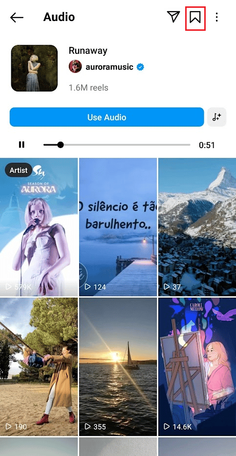 tocca l'icona del segnalibro nell'angolo in alto a destra per salvare l'audio sulla tua app IG