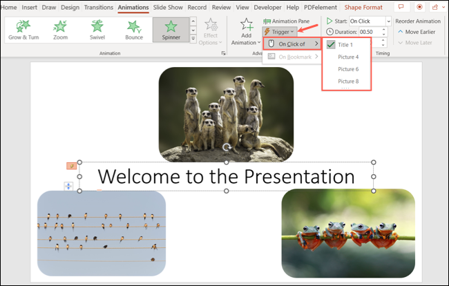 PowerPoint でのアニメーションのトリガー オプション