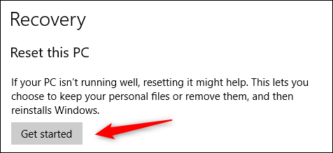 Începeți să resetați Windows 10