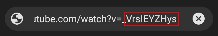 ビデオのリンクを検索バーに貼り付け、リンクから v=_ の後に記述されているビデオ コードをコピーします。