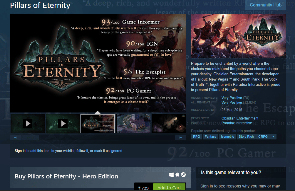 Steam-страница Pillars of Eternity