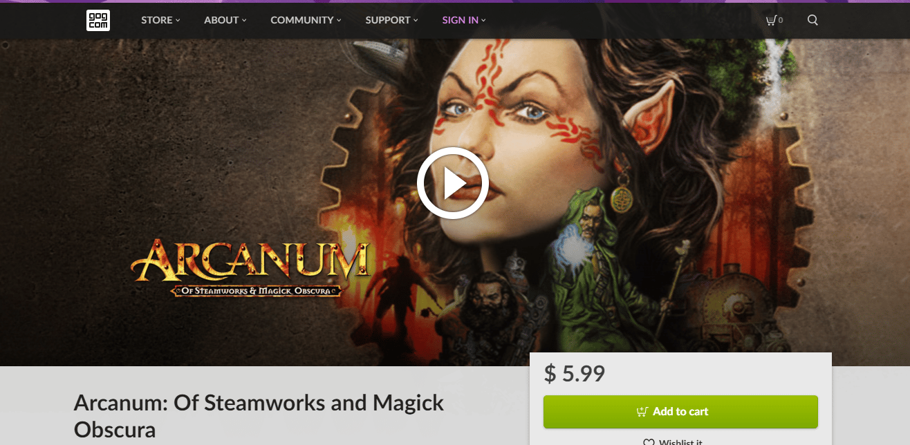 Arcanum Of Steamworkds 및 Magick Obscura GOG 페이지