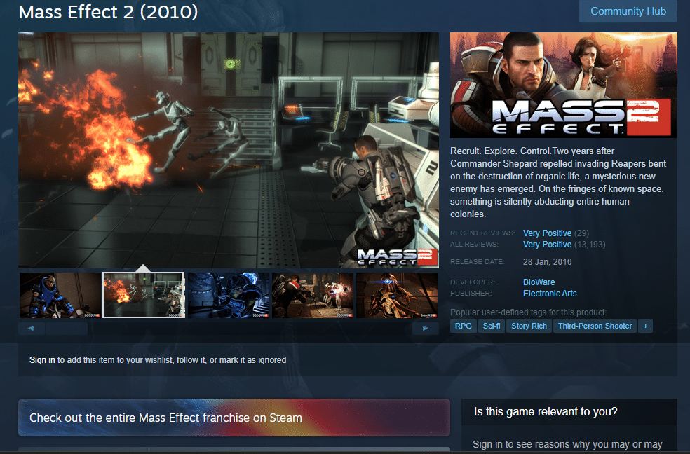 Page Steam de Mass Effect 2. Signification MMORPG