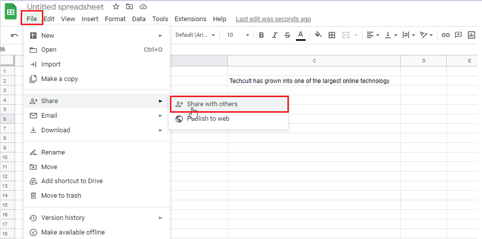 ไปที่เมนู File ใน Google Sheets แล้วเลือก Share and Share with others