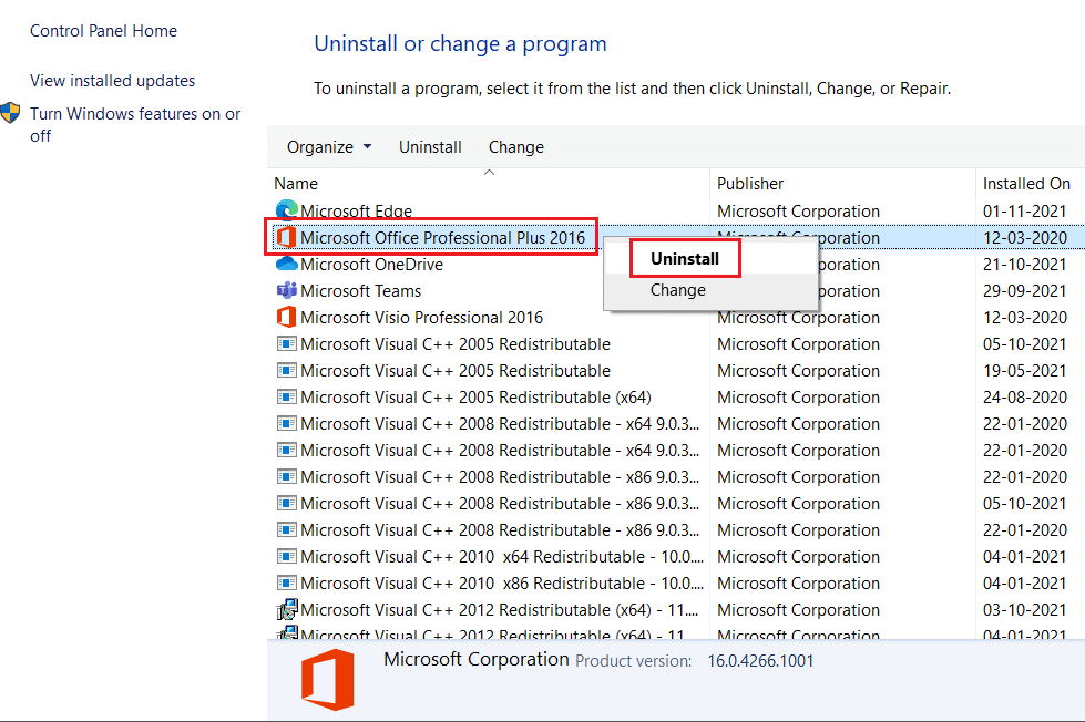 haga clic derecho en microsoft office y seleccione la opción de desinstalación en programas y características desinstalar un menú de programa