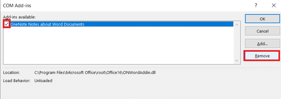 Bifați caseta pentru Add ins și faceți clic pe Eliminare, apoi pe OK