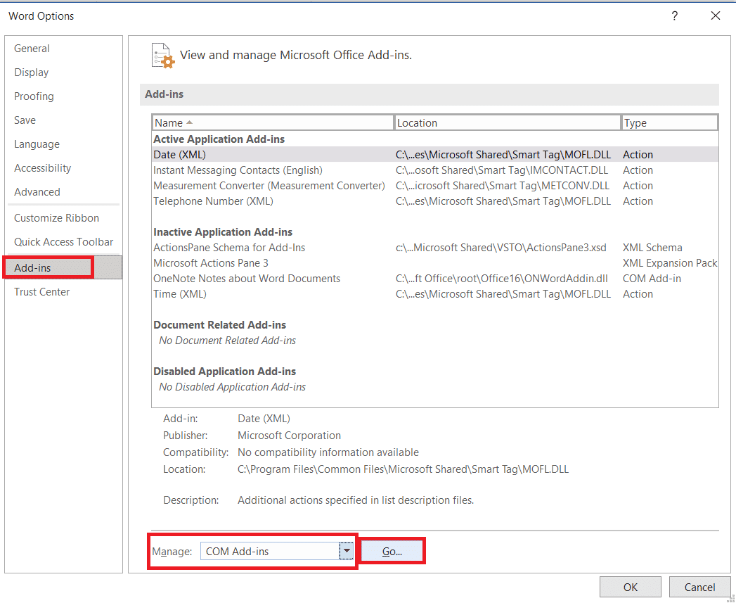 Управление надстройками COM Параметры MS Word