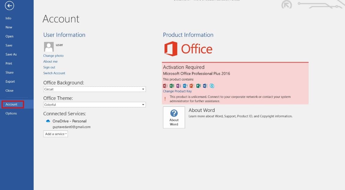 seleziona Account nel file opzione ms word