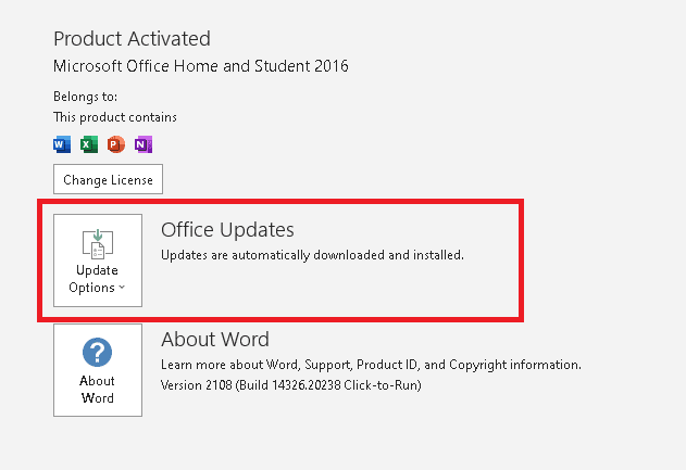 Office 업데이트 옆에 있는 업데이트 옵션을 클릭합니다. Office 365 오류 70003 수정: 조직에서 이 장치를 삭제했습니다.