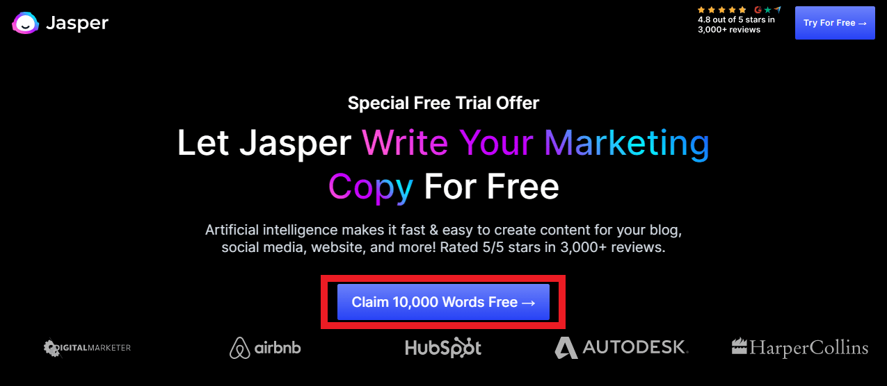 Jasper をクリックして、10,000 words free をクリックします。