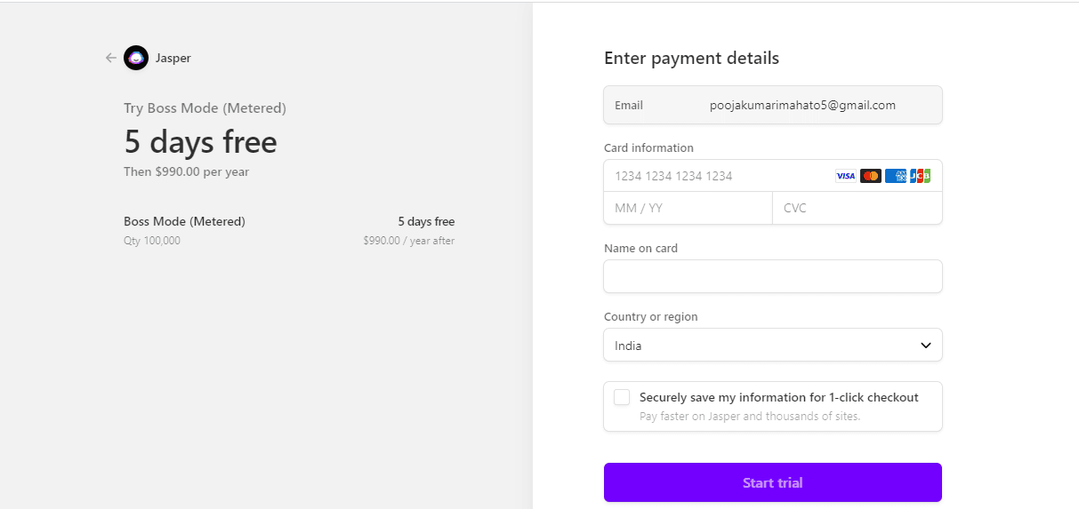 輸入您的銀行卡詳細信息，然後單擊開始試用。 Jasper AI 評論：詳細信息、定價和功能