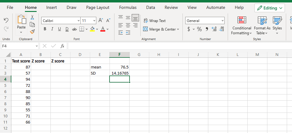 ปิดวงเล็บและกดปุ่ม Enter วิธีการคำนวณคะแนน Z ใน Excel