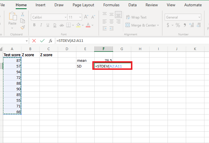 اكتب يساوي قوس فتح STDEV وحدد البيانات بأكملها مرة أخرى