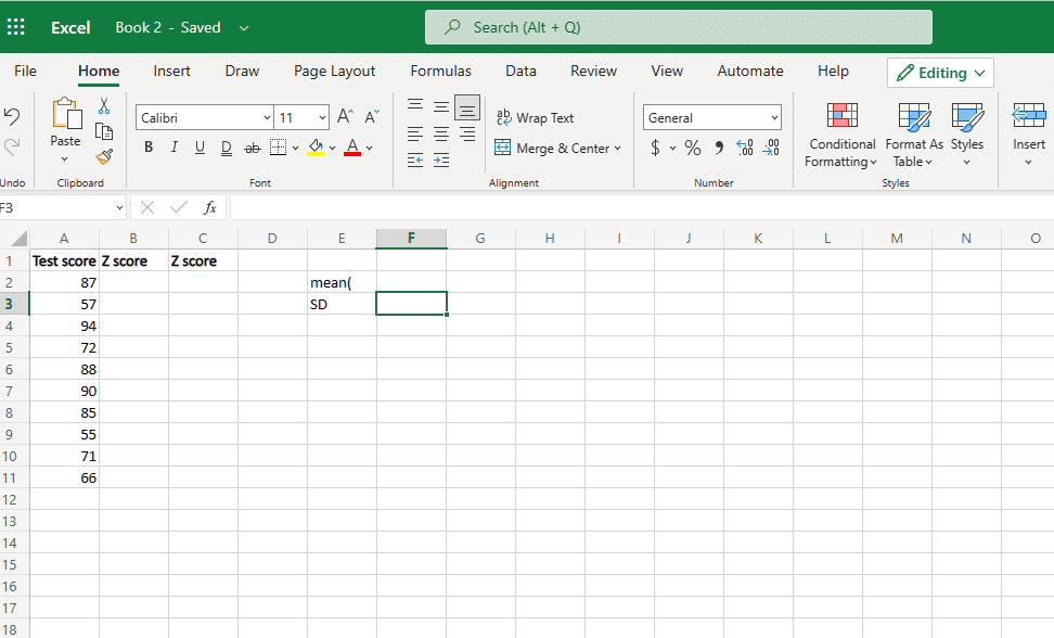 これが Excel にあるデータで、z スコアを見つけたいとします。