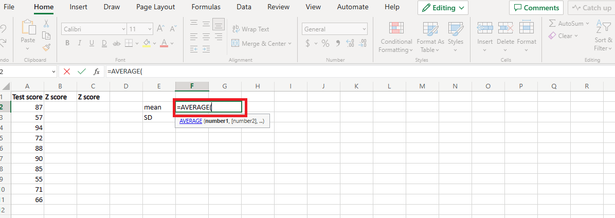 คลิกที่เซลล์ใหม่แล้วพิมพ์ค่าเฉลี่ยของเท่ากับ วิธีการคำนวณคะแนน Z ใน Excel