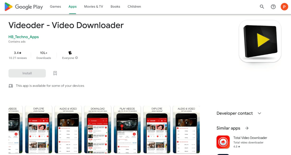 Videoder - página da Web do Video Downloader