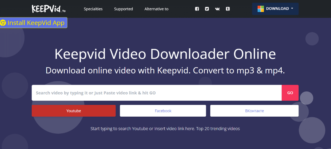 keepvid ウェブページ。任意のサイトから動画をダウンロードするための 21 のベスト アプリ