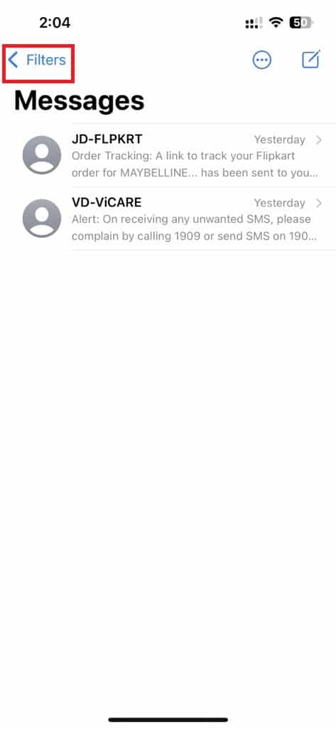 Atingeți Filtre în partea stângă sus a mesajelor dvs. iMessage.