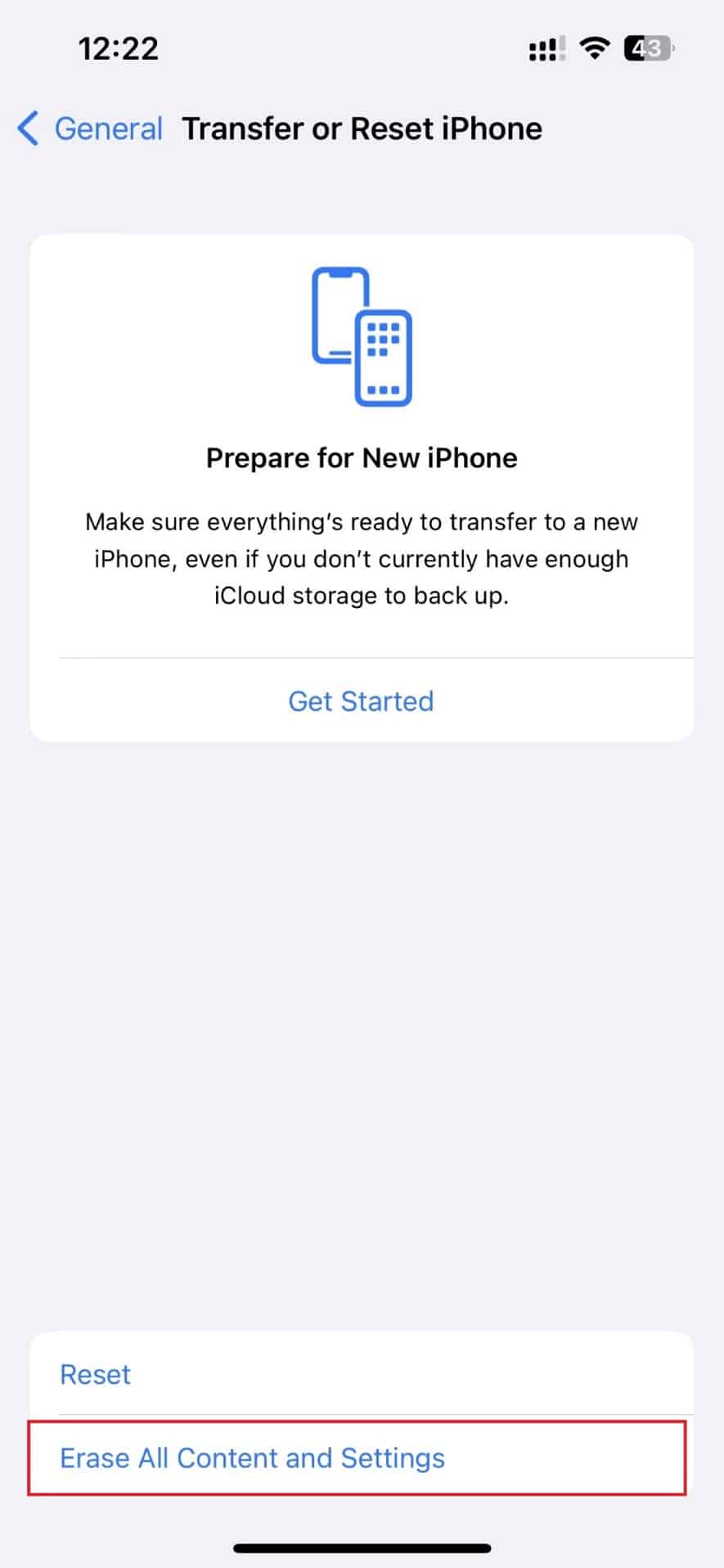 Ensuite, appuyez sur Effacer tout le contenu et les paramètres. | Comment récupérer des messages texte supprimés sur iPhone 11