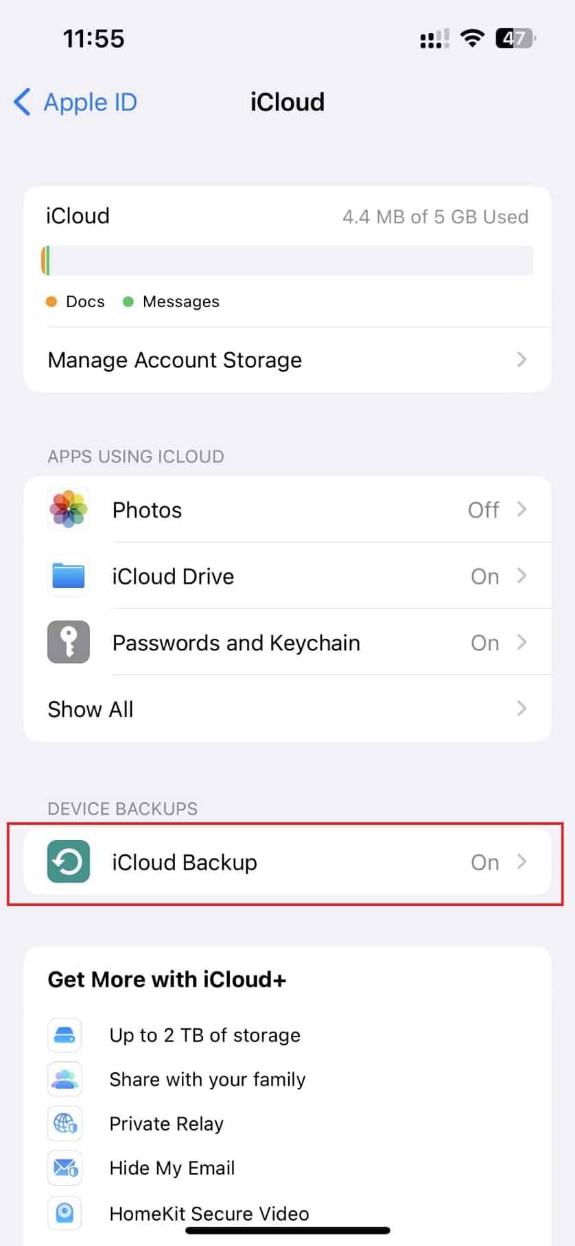 然后点击 iCloud 备份。 |如何在 iPhone 11 上找回已删除的短信