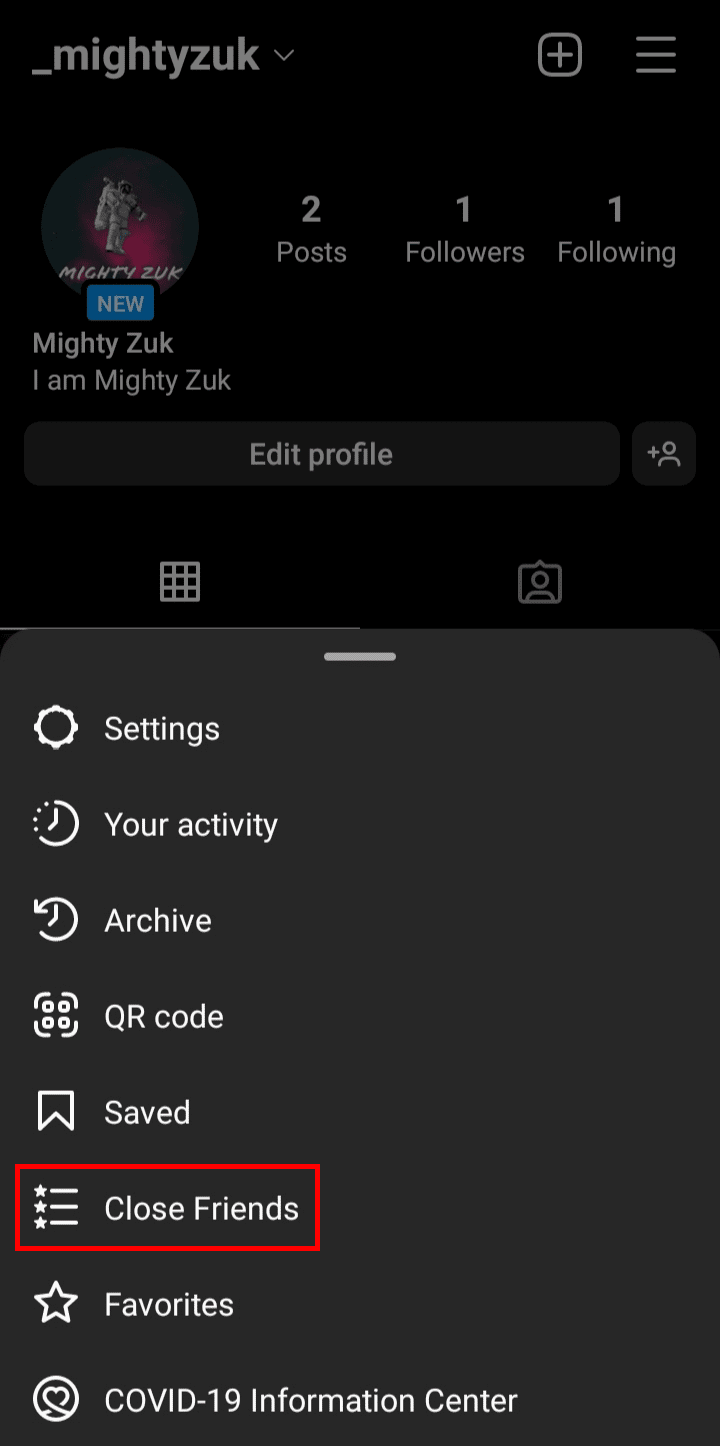 اضغط على خيار Close Friends من القائمة المنبثقة التي ظهرت على الشاشة. | انستغرام الدائرة الخضراء