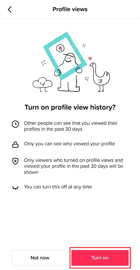 Appuyez sur Activer pour activer la fonction d'historique de vue de profil