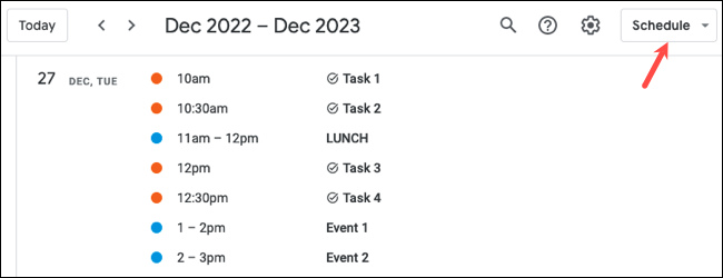 Ansicht des Google-Kalender-Zeitplans