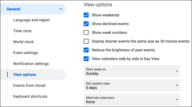 Opciones de vista de calendario de Google en la configuración