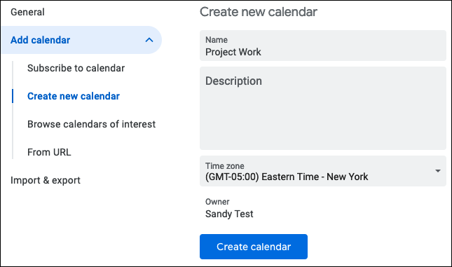 Создать новый календарь в Google Calendar