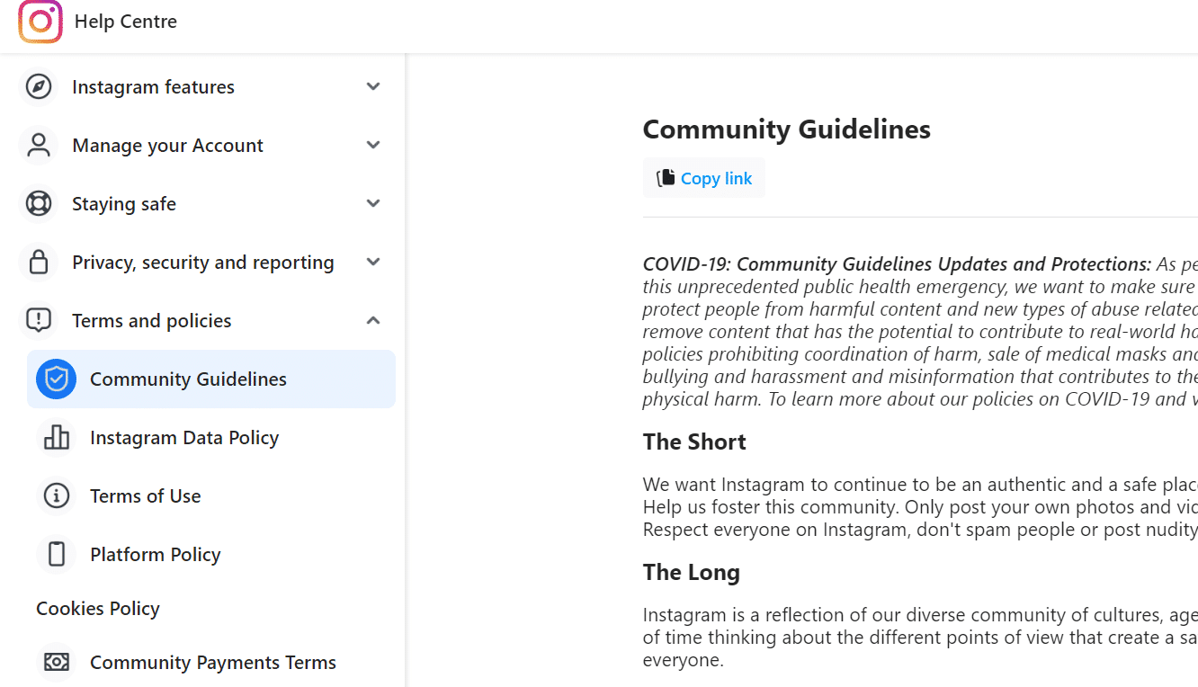 linee guida della community di Instagram