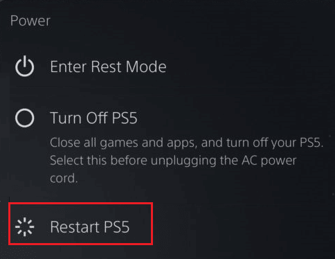 option de redémarrage ps5