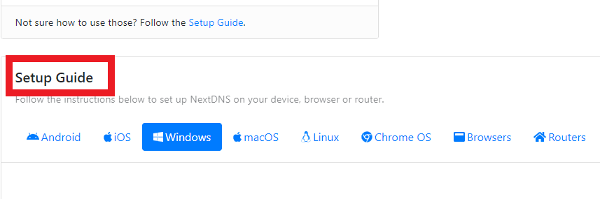 下にスクロールして、[セットアップ ガイド] をクリックします。 NextDNS のレビュー、機能、長所と短所
