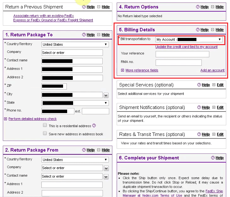 Drop-down-Option "Transport in Rechnung stellen" im Abschnitt "Rechnungsdetails" - -stellige FedEx-Kundennummer