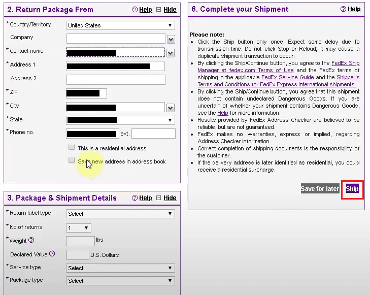 vers le bas et cliquez sur l'option Expédier dans la section Terminer votre envoi | Comment créer plusieurs étiquettes d'expédition FedEx