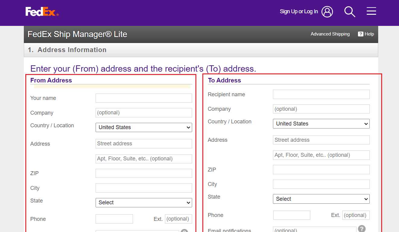 masukkan kolom Dari Alamat dan Ke Alamat dari bagian Informasi Alamat | Cara Membuat Beberapa Label Pengiriman FedEx