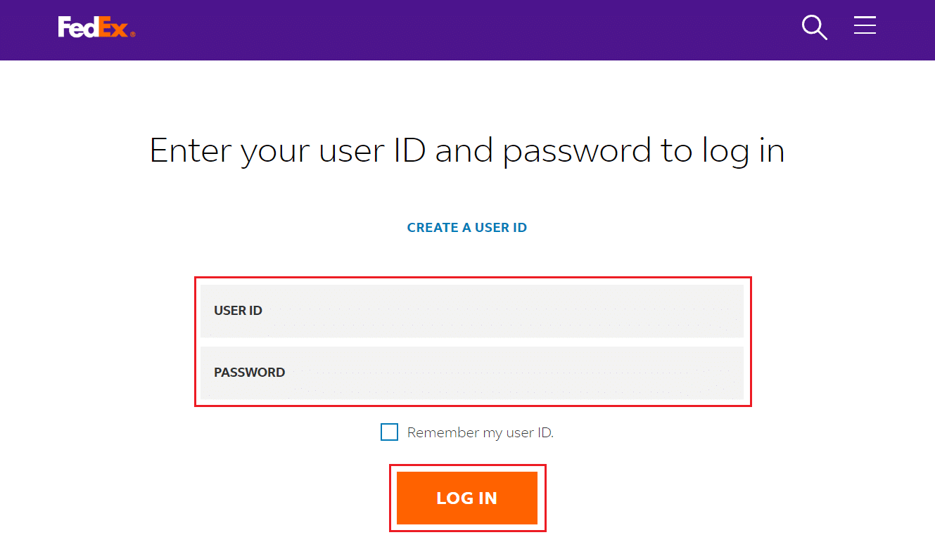 Digite seu ID de USUÁRIO e SENHA e clique em LOG IN