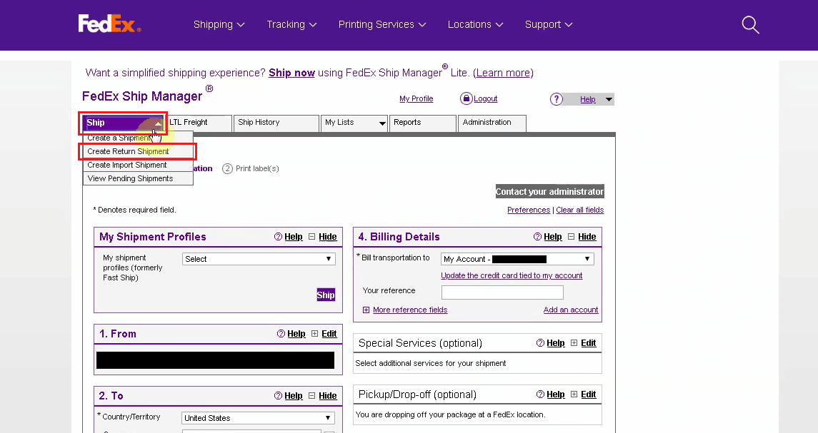 FedEx Ship Manager sayfasında, Gönderi sekmesine tıklayın - İade Gönderisi Oluşturun