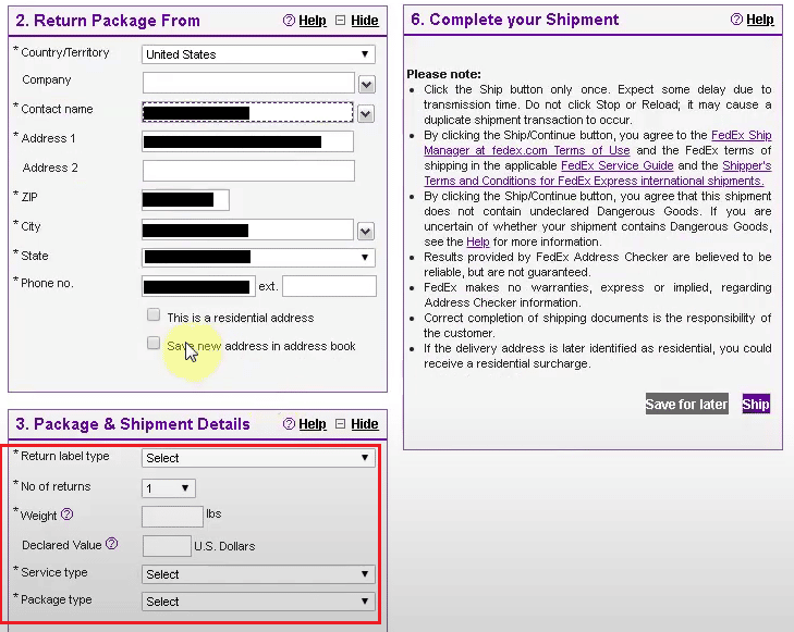 type d'étiquette de retour souhaité - option de livraison de retour - poids - nombre de colis