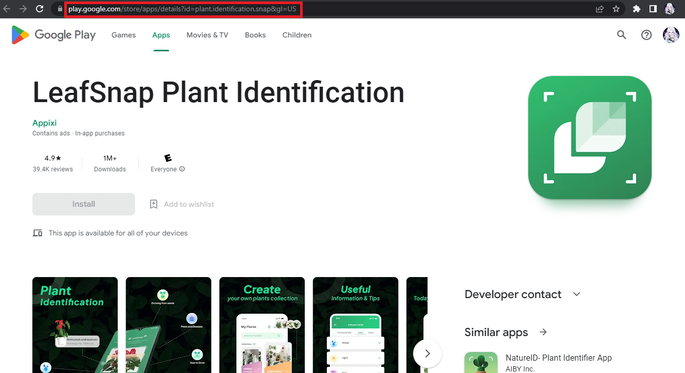 Página de inicio de identificación de plantas LeafSnap