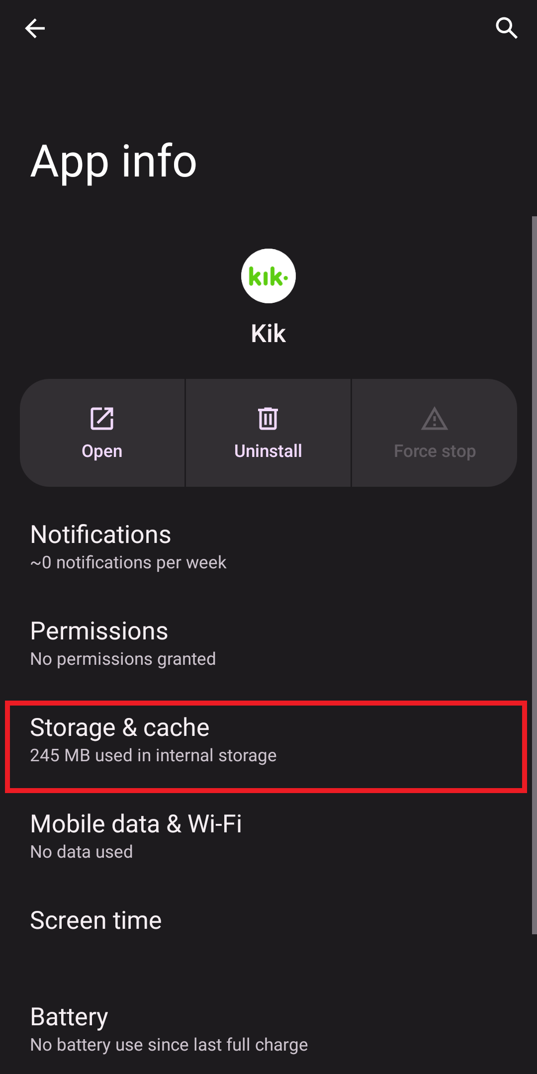 แตะที่ Storage and cache kik