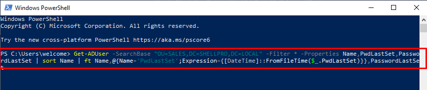 Perintah Get-ADUser -SearchBase. Cara Menemukan Kata Sandi Set Terakhir Menggunakan PowerShell