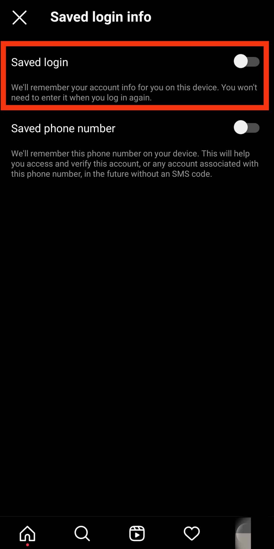 Wyłącz opcję Zapisane logowanie. | Jak usunąć zapamiętane konto na Instagramie