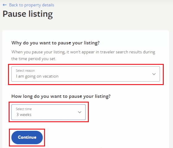 motivo desiderato e tempo di pausa - Continua | Come eliminare l'account VRBO